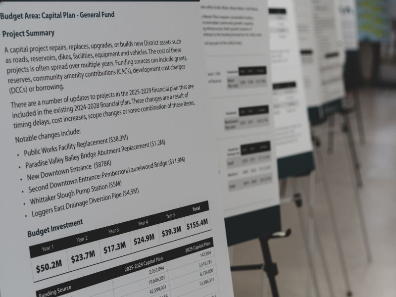 Budget information boards at the budget open house night held at Brennan Park Recreation Centre.